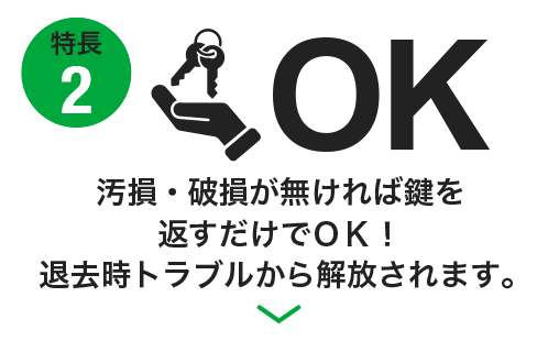 特長3汚損・破損が無ければ鍵を返すだけでＯＫ！